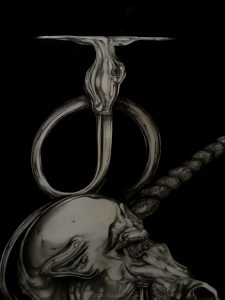 Shan Nguyen- La chasse à la licorne (Amdusias)- Dessin- peinture acrylique-licorne-métal-trompette